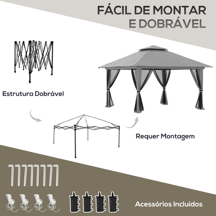 Tenda Dobrável Pop-UP 3,92x3,92x2,83 m Tenda de Jardim com Altura Ajustável Proteção UV50+ Teto Duplo Rede Mosquiteira e Bolsa de Transporte com Rodas para Festas Campismo Cinza e Preto