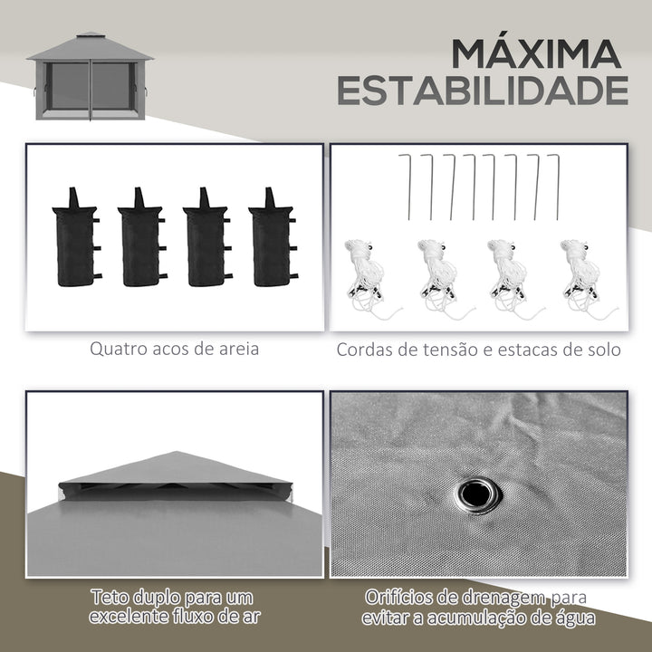 Tenda Dobrável Pop-UP 3,92x3,92x2,83 m Tenda de Jardim com Altura Ajustável Proteção UV50+ Teto Duplo Rede Mosquiteira e Bolsa de Transporte com Rodas para Festas Campismo Cinza e Preto