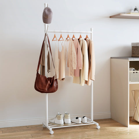 Charriot com Rodas Charriot com 5 Ganchos Barra para Pendurar e Prateleira Inferior Charriot para Dormitório Lavandaria 68x43x171 cm Branco