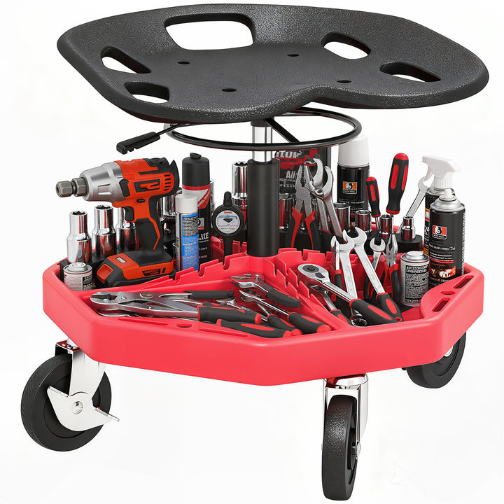 Banco de Oficina Móvel com Bandeja Magnética Altura Ajustável de 52–59,5 cm Carga 135 kg Banco para Mecânico com Rodas para Garagem Reparação de Automóveis Vermelho