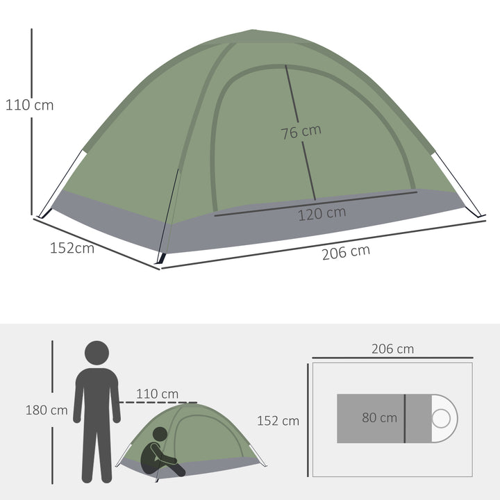 Tenda de Campismo para 2 Pessoas Tenda de Campismo Dobrável com 2 Janelas de Malha Bolso Interior Bolsa de Transporte e Estrutura de Fibra de Vidro 206x152x110 cm Verde