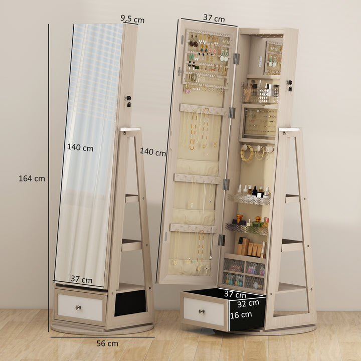 Espelho de Pé Giratório 360° com Espelho com Interior Iluminado Organizador de Jóias com Espelho de Corpo Inteiro Prateleiras e Gavetas para Quarto ou Closet 56x56x164 cm Madeira