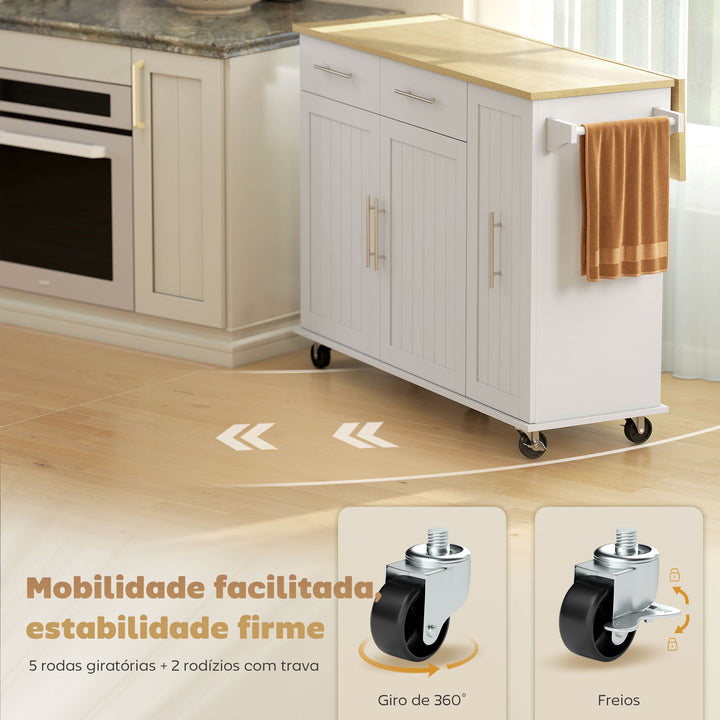 Ilha de Cozinha com Rodas, Tampo Dobrável, Carrinho de Cozinha com 2 Portas de Fecho Suave, Tabuleiro Removível de 3 Níveis, 2 Gavetas, Porta-Toalhas, Porta-Especiarias, Branco