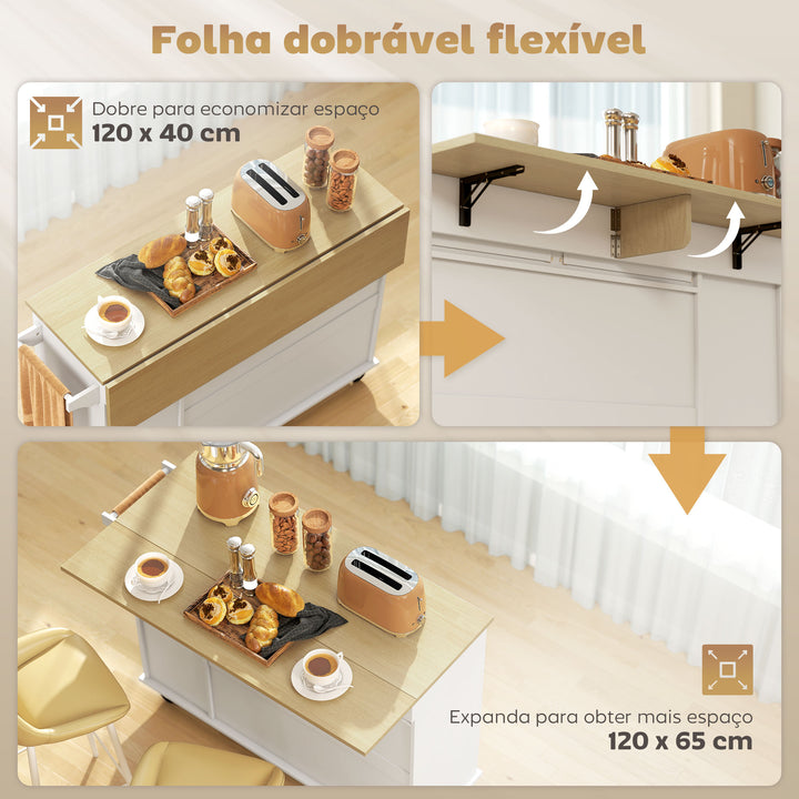 Ilha de Cozinha com Rodas, Tampo Dobrável, Carrinho de Cozinha com 2 Portas de Fecho Suave, Tabuleiro Removível de 3 Níveis, 2 Gavetas, Porta-Toalhas, Porta-Especiarias, Branco