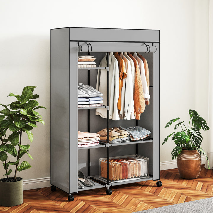Roupeiro de Tecido Dobrável Armário de Roupa Portátil com 6 Prateleiras 1 Barra de Pendurar e Rodas para Dormitório Vestidor 103x43x162,5 cm Cinza Claro