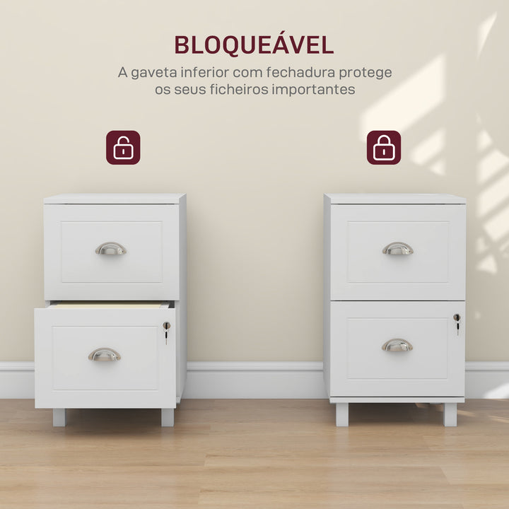 Bloco de Gavetas para Escritório Móvel Arquivador com 2 Gavetas para Escritório com Fechadura e Barras para Documentos A4 e Carta 40x41,5x67,5 cm Branco