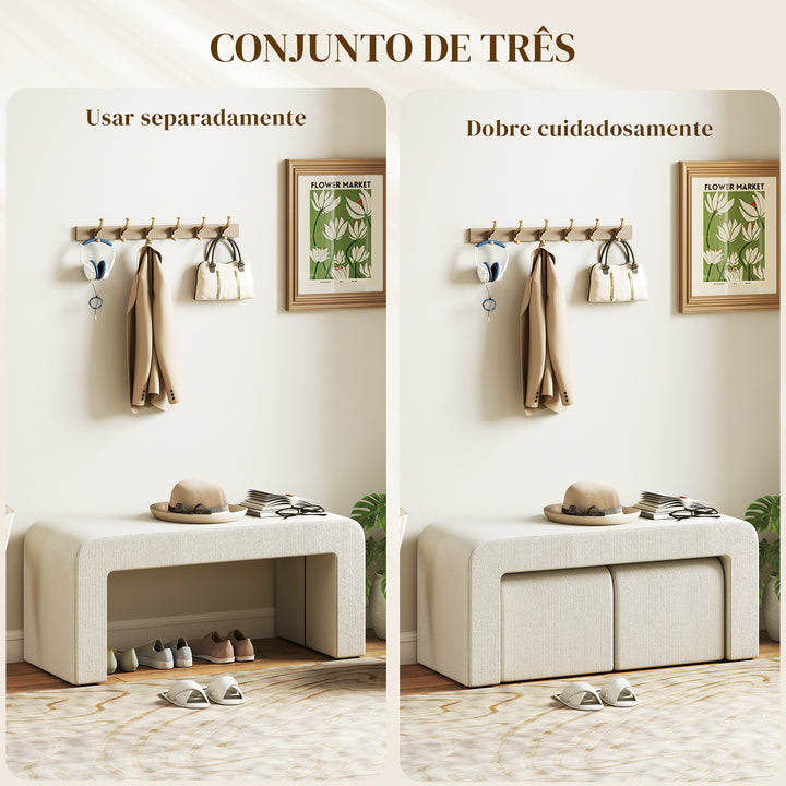 Conjunto de 3 Bancos Grande e 2 Pequenos Bancos Modernos em Veludo Design Compacto para Sala Entrada Corredor Quarto 104x44x48 cm Creme