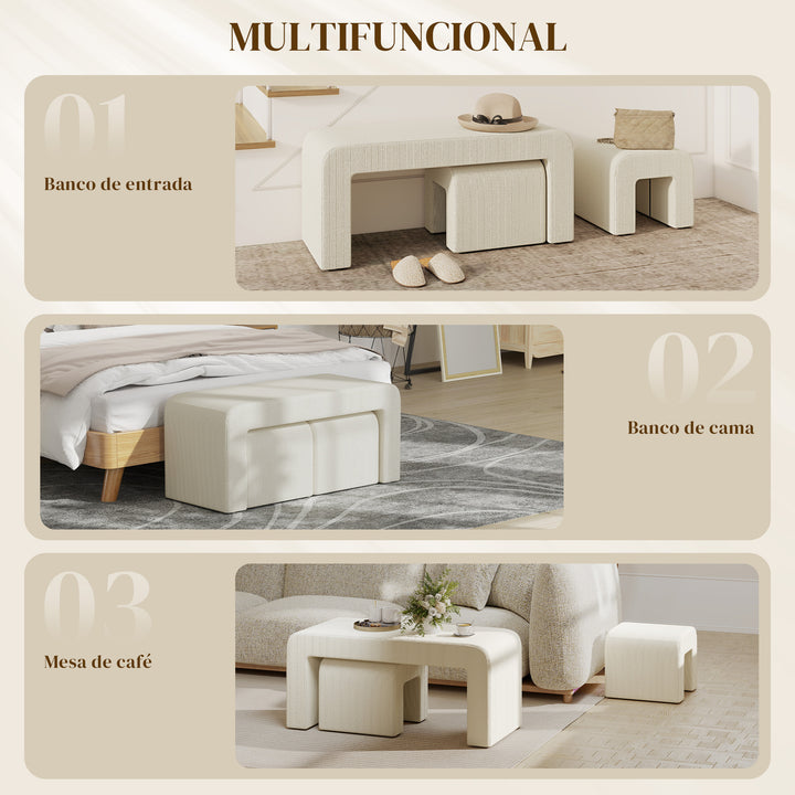 Conjunto de 3 Bancos Grande e 2 Pequenos Bancos Modernos em Veludo Design Compacto para Sala Entrada Corredor Quarto 104x44x48 cm Creme