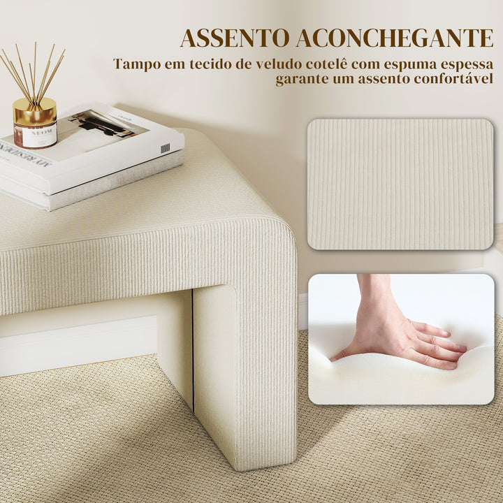Conjunto de 3 Bancos Grande e 2 Pequenos Bancos Modernos em Veludo Design Compacto para Sala Entrada Corredor Quarto 104x44x48 cm Creme