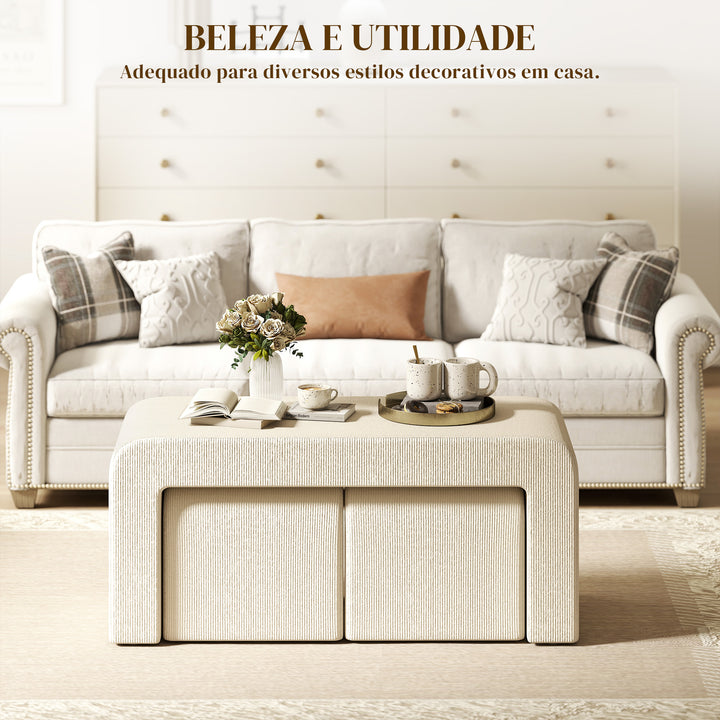 Conjunto de 3 Bancos Grande e 2 Pequenos Bancos Modernos em Veludo Design Compacto para Sala Entrada Corredor Quarto 104x44x48 cm Creme
