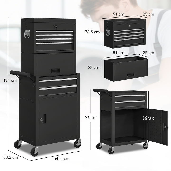Carrinho de Ferramentas com 6 Gavetas e Fechos 3 em 1 Carrinho de Oficina Móvel com Rodas e Painel Lateral Perfurado Caixa de Ferramentas Desmontável de Aço para Oficina Garagem 60,5x33,5x131 cm Preto