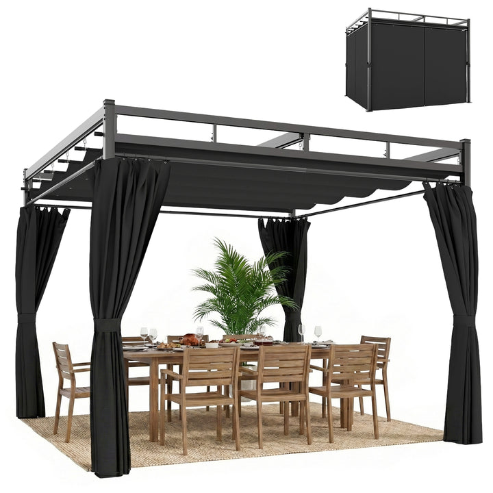 Pérgola de Jardim 295x295x221 cm com Teto Retrátil e Cortinas UPF30+ Estrutura Metálica Pérgola para Exterior Cinzento Escuro
