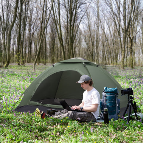 Tenda de Campismo para 2 Pessoas Tenda de Campismo Dobrável com 2 Janelas de Malha Bolso Interior Bolsa de Transporte e Estrutura de Fibra de Vidro 206x152x110 cm Verde