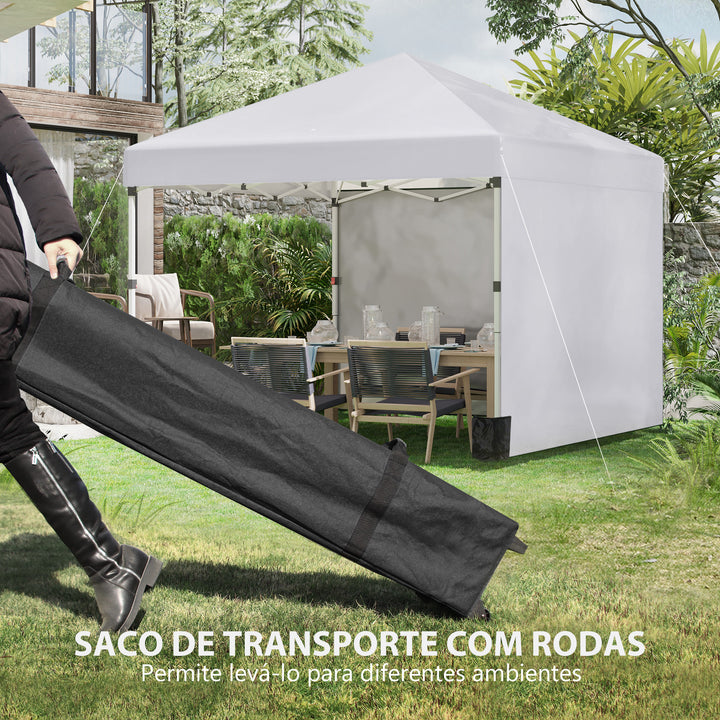 Tenda Dobrável Pop-up 297x297x288 cm Tenda para Eventos com 2 Paredes Laterais Anti-UV Altura Ajustável em 3 Níveis Sacos de Areia e Bolsa de Transporte com Rodas para Campismo Festas Branco