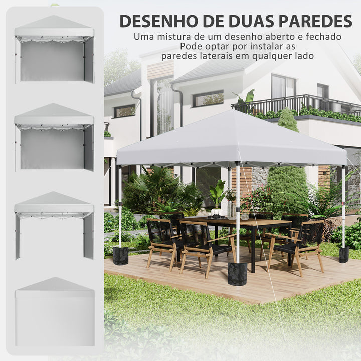 Tenda Dobrável Pop-up 297x297x288 cm Tenda para Eventos com 2 Paredes Laterais Anti-UV Altura Ajustável em 3 Níveis Sacos de Areia e Bolsa de Transporte com Rodas para Campismo Festas Branco