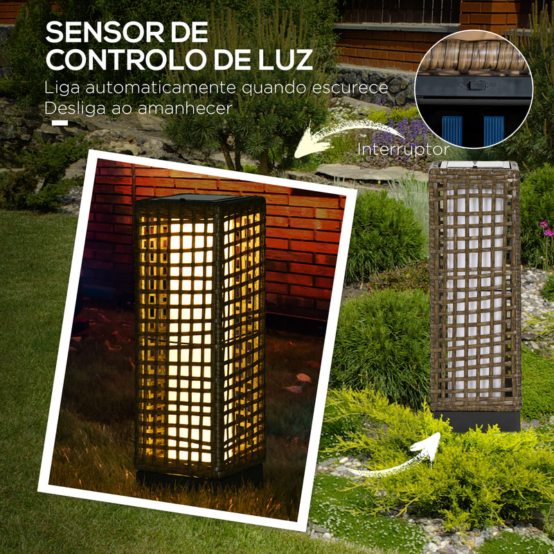 Candeeiro de Jardim de Vime Sintético Candeeiro Solar de Exterior com Luzes LED Ligar/Desligar Automático para Varanda Pátio 15,5x15,5x46 cm Marrom Areia