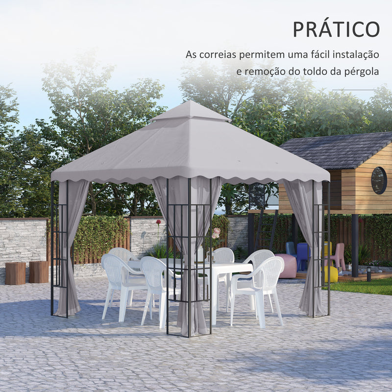 Toldo de Substituição para Pérgola 2,95x2,95 cm Cobertura de Substituição com Teto Duplo e 10 Orifícios de Drenagem Tecido de Poliéster para Pátio Jardim Cinza