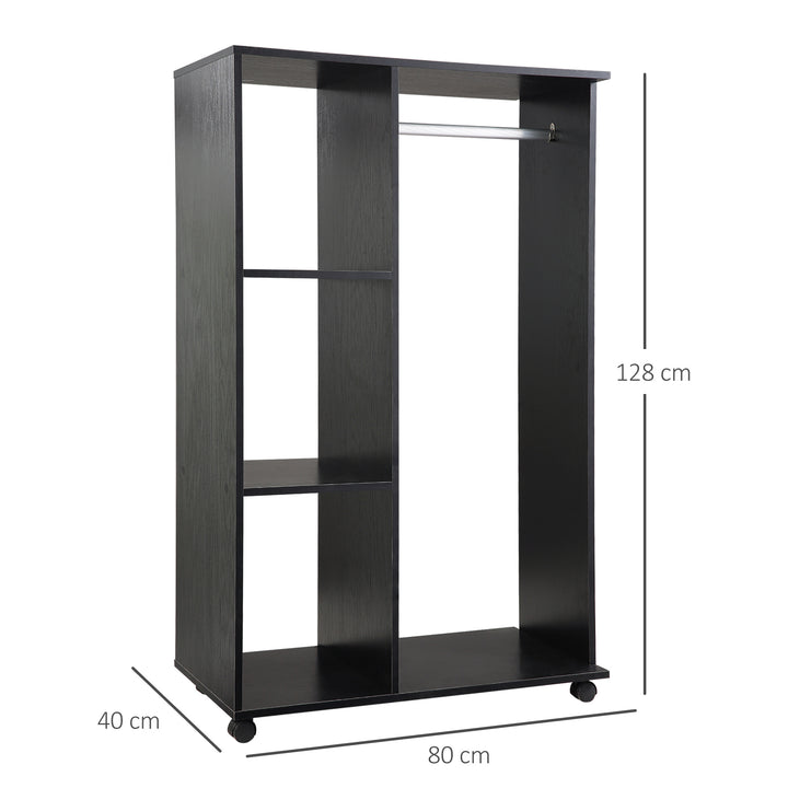 Roupeiro de Madeira Móvel Armário Roupeiro Aberto com Barra para Pendurar e 3 Prateleiras Organizadoras para Dormitório 80x40x128 cm Preto