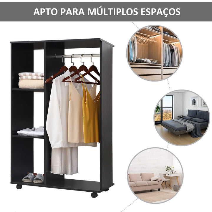 Roupeiro de Madeira Móvel Armário Roupeiro Aberto com Barra para Pendurar e 3 Prateleiras Organizadoras para Dormitório 80x40x128 cm Preto
