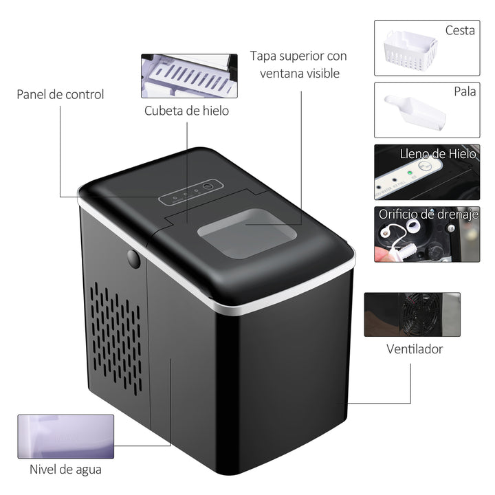 Máquina de gelo Silencioso Potência 120W Capacidade 12kg com Tela LCD Tanque de 1.8L Limpeza automática 31,5x23x32,5 cm preto