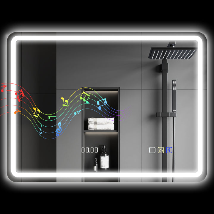 Espelho de Casa de Banho com Luz LED 80x60 cm Espelho de Parede com Bluetooth 3 Cores de Luz Relógio Digital Função Antiembaciamento Função de Memória Interruptor Tátil IP44 Prata
