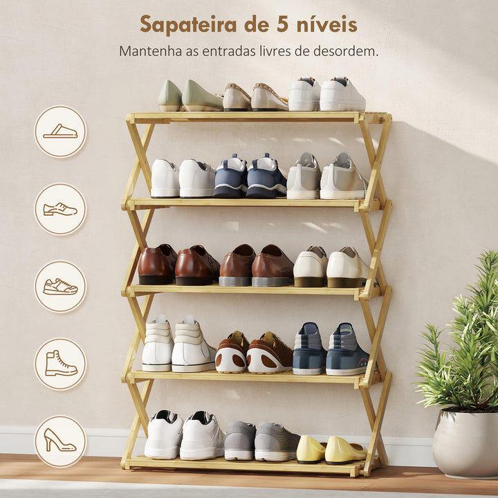 Sapateira Estreita de Bambu Sapateira Vertical Dobrável de 5 Níveis Sem Instalação Prateleira para Sapatos para Entrada Corredor Quarto 60x29x88 cm Madeira