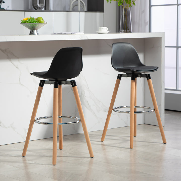 Conjunto de 2 Bancos de Bar Estofado em PU Bancos Altos de Cozinha com Assento de 69 cm e Pés de Madeira para Cozinha Sala de Jantar 38,5x42,5x91 cm Preto