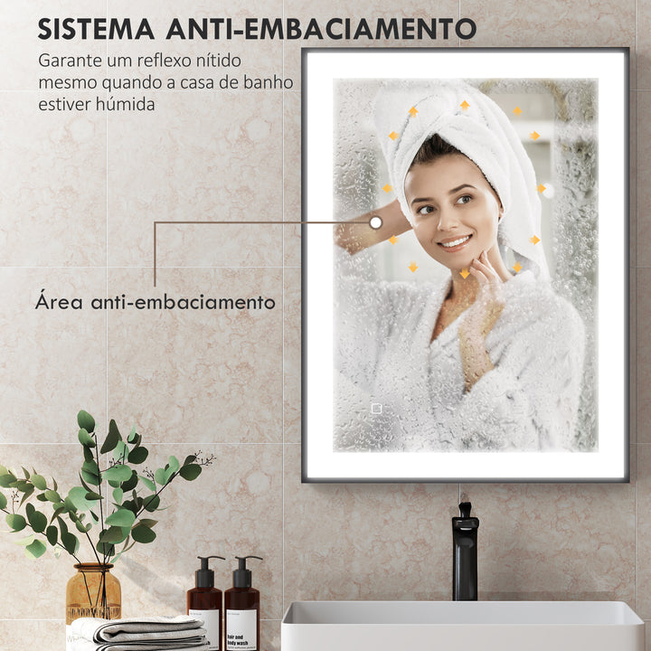 Espelho Casa de Banho com Luz LED 80x60 cm Espelho de Parede com Iluminação Ajustável Função Anti-Embaciamento Função Memória e Estrutura de Liga de Alumínio Preto