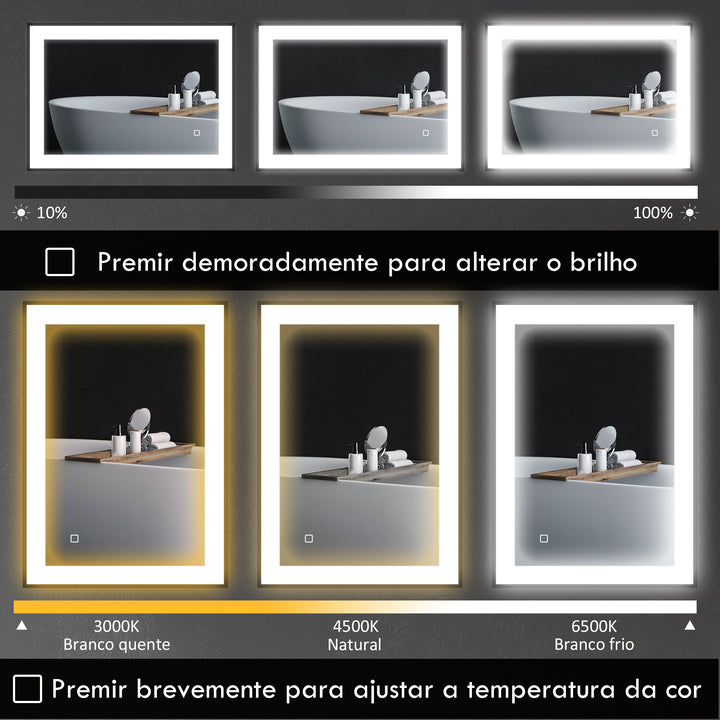 Espelho Casa de Banho com Luz LED 80x60 cm Espelho de Parede com Iluminação Ajustável Função Anti-Embaciamento Função Memória e Estrutura de Liga de Alumínio Preto