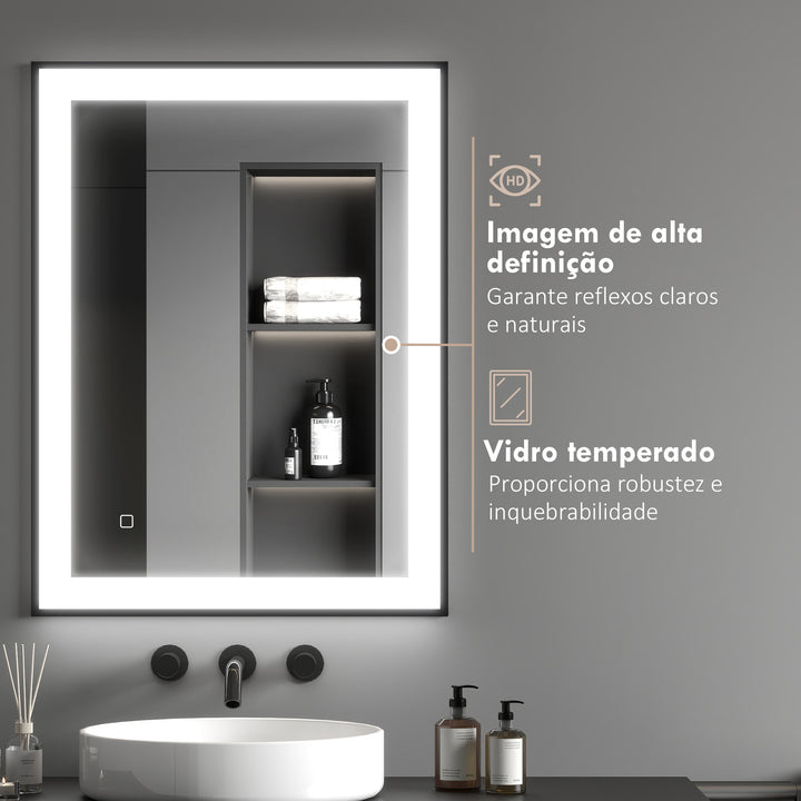 Espelho Casa de Banho com Luz LED 80x60 cm Espelho de Parede com Iluminação Ajustável Função Anti-Embaciamento Função Memória e Estrutura de Liga de Alumínio Preto