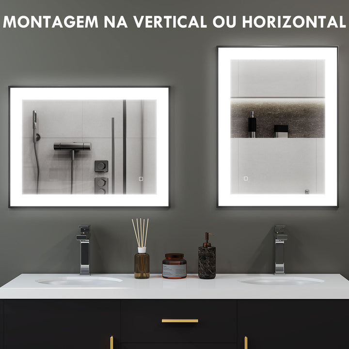 Espelho Casa de Banho com Luz LED 80x60 cm Espelho de Parede com Iluminação Ajustável Função Anti-Embaciamento Função Memória e Estrutura de Liga de Alumínio Preto