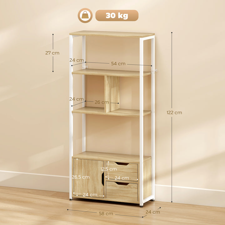Estante para Livros com Armário e 2 Gavetas de Armazenamento Estante Decorativa Escritório Sala de Estar 58x24x122 cm Madeira e Branco