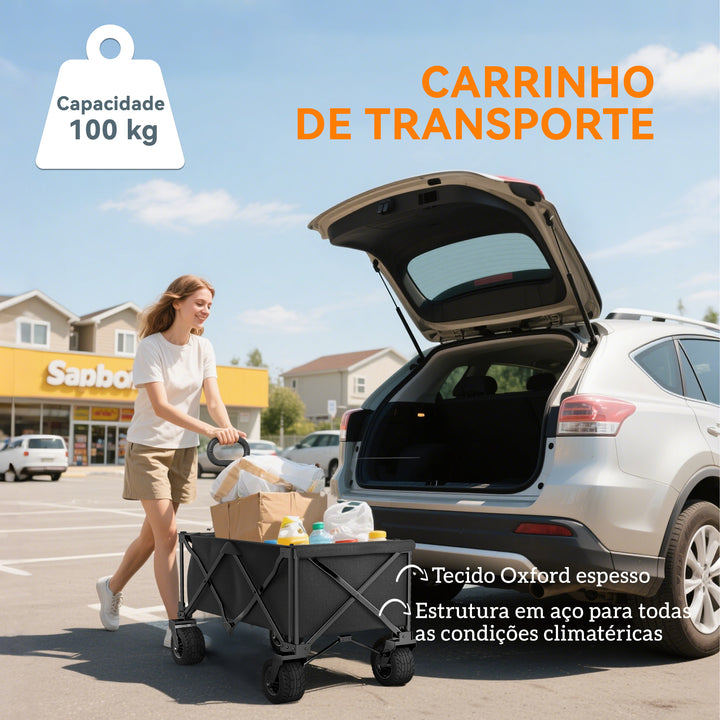 Carrinho de Praia com Rodas Grandes Carrinho de Jardim Dobrável com Puxador Ajustável Porta Traseira Expansível Capacidade 100 kg 90x48x92 cm Preto