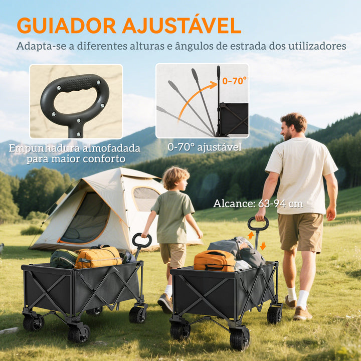 Carrinho de Praia com Rodas Grandes Carrinho de Jardim Dobrável com Puxador Ajustável Porta Traseira Expansível Capacidade 100 kg 90x48x92 cm Preto