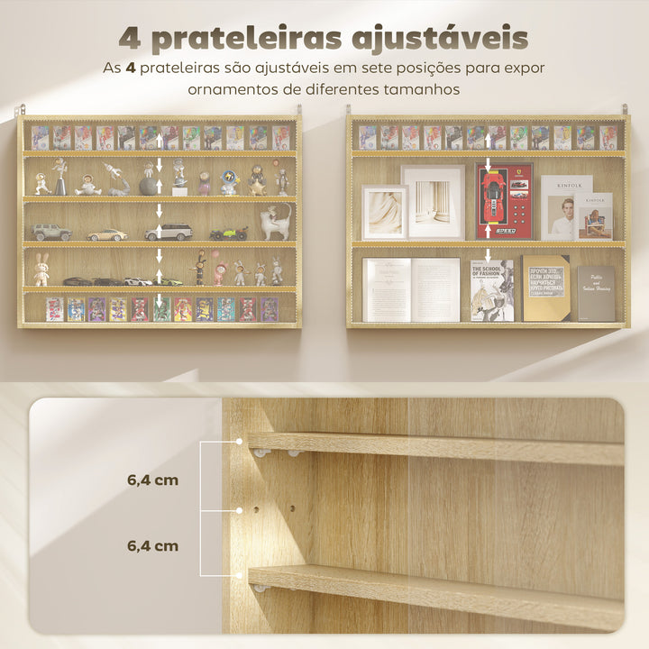 Vitrine Expositora para Coleções com 7 Níveis, Vitrine de Parede com Prateleiras Ajustáveis e 2 Portas de Vidro Deslizantes, para Perfumes, Figuras Decorativas, 80x9,5x83 cm, Carvalho