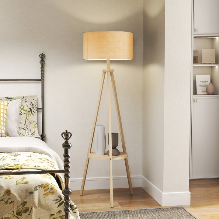 Candeeiro de Pé com Tripé com Estrutura em Madeira e Ecrã Similar ao Linho com Prateleira Incorporada 48x48x153 cm Madeira e Cinzento