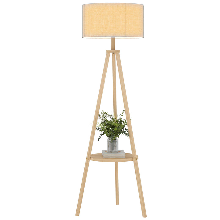 Candeeiro de Pé com Tripé com Estrutura em Madeira e Ecrã Similar ao Linho com Prateleira Incorporada 48x48x153 cm Madeira e Cinzento