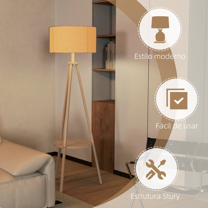 Candeeiro de Pé com Tripé com Estrutura em Madeira e Ecrã Similar ao Linho com Prateleira Incorporada 48x48x153 cm Madeira e Cinzento