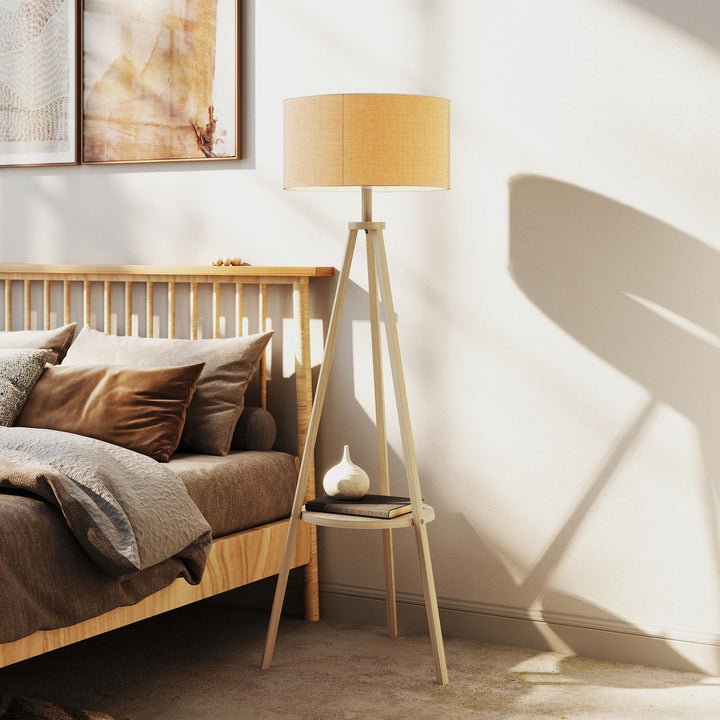 Candeeiro de Pé com Tripé com Estrutura em Madeira e Ecrã Similar ao Linho com Prateleira Incorporada 48x48x153 cm Madeira e Cinzento