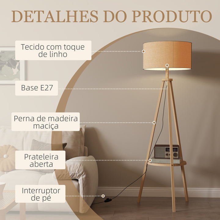 Candeeiro de Pé com Tripé com Estrutura em Madeira e Ecrã Similar ao Linho com Prateleira Incorporada 48x48x153 cm Madeira e Cinzento