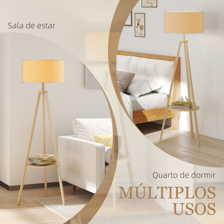 Candeeiro de Pé com Tripé com Estrutura em Madeira e Ecrã Similar ao Linho com Prateleira Incorporada 48x48x153 cm Madeira e Cinzento