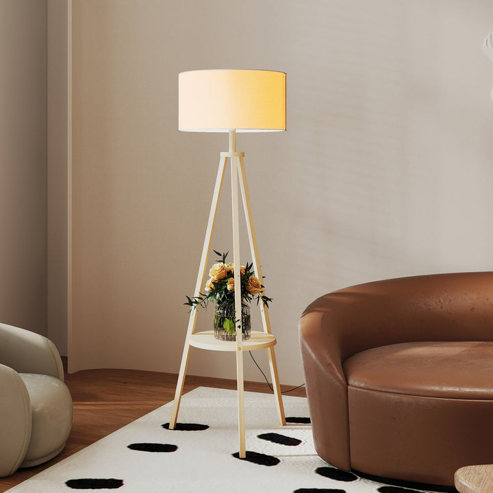 Candeeiro de Pé com Tripé com Estrutura em Madeira e Ecrã Similar ao Linho com Prateleira Incorporada 48x48x153 cm Madeira e Cinzento