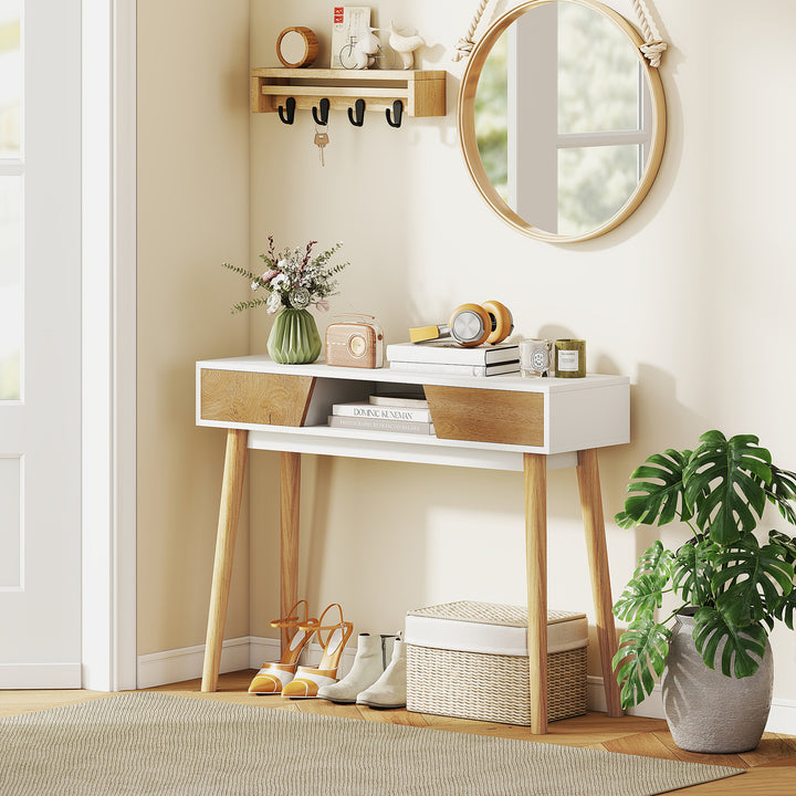 Mesa de Consola Estreita Consola de Entrada Mesa Consola Moderna com 2 Gavetas Compartimento e Pés de Madeira para Corredor Entrada Sala de Estar Dormitório 100x30x75 cm Branco