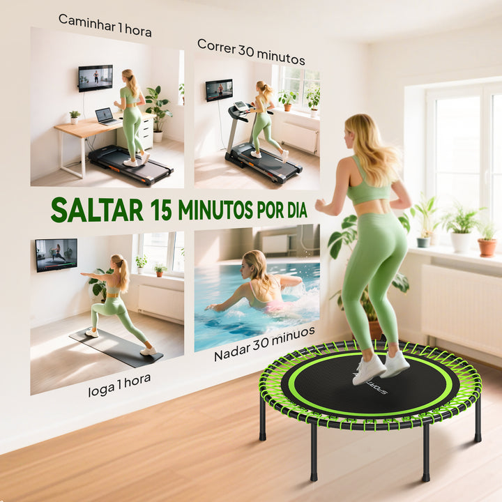 Trampolim de Fitness Adultos Ø114 cm com Estrutura de Aço Reforçada para Treino de Pernas Corpo em Casa Escritório Ginásio Verde e Preto