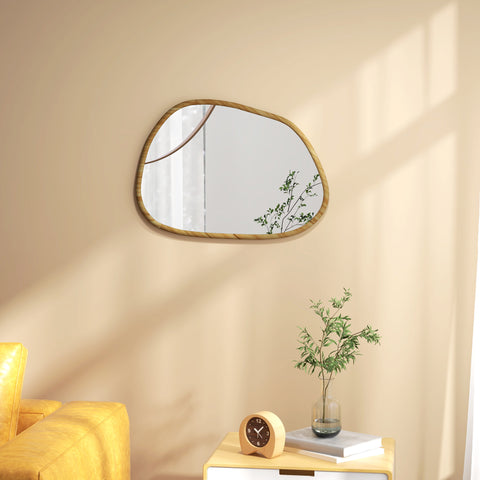 Espelho de Parede Decorativo 70x50 cm Espelho de Casa de Banho com Forma Irregular e Moldura de Madeira para Sala Entrada Corredor Horizontal ou Vertical Natural
