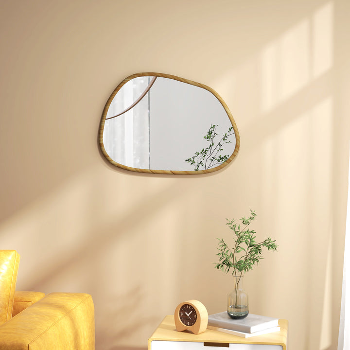 Espelho de Parede Decorativo 70x50 cm Espelho de Casa de Banho com Forma Irregular e Moldura de Madeira para Sala Entrada Corredor Horizontal ou Vertical Natural