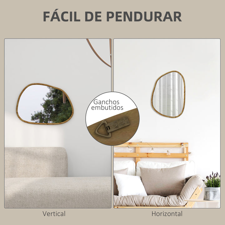 Espelho de Parede Decorativo 70x50 cm Espelho de Casa de Banho com Forma Irregular e Moldura de Madeira para Sala Entrada Corredor Horizontal ou Vertical Natural