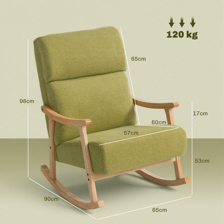 Poltrona Baloiço Moderna Poltrona Baloiço com Pés e Apoio para os Braços de Madeira de Faia Encosto Alto Poltrona de Amamentação Carga 120 kg para Dormitório Sala de Estar 65x90x98 cm Verde claro