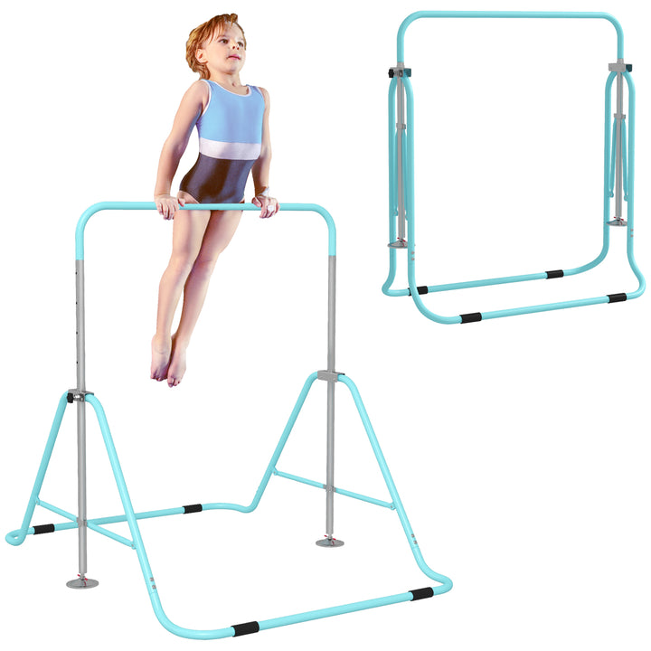 Barra de Ginástica Artística Barra Horizontal Dobrável com Altura Ajustável Equipamento de Ginástica para Treino em Casa para Crianças 154x106,2x88,5-128,5 cm Azul Celeste