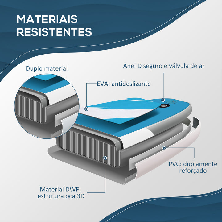 Prancha de Paddle Surf Insuflável 300x76x15cm Prancha de Stand Up Insuflável com Remo Ajustável Barbatanas Superfície Antiderrapante Bomba e Bolsa de Transporte Azul